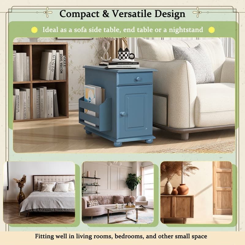 Retro Flip-Top End Table – USB Ports, Cup Holder Drawer & Bookshelf, Ideal for Small Spaces.