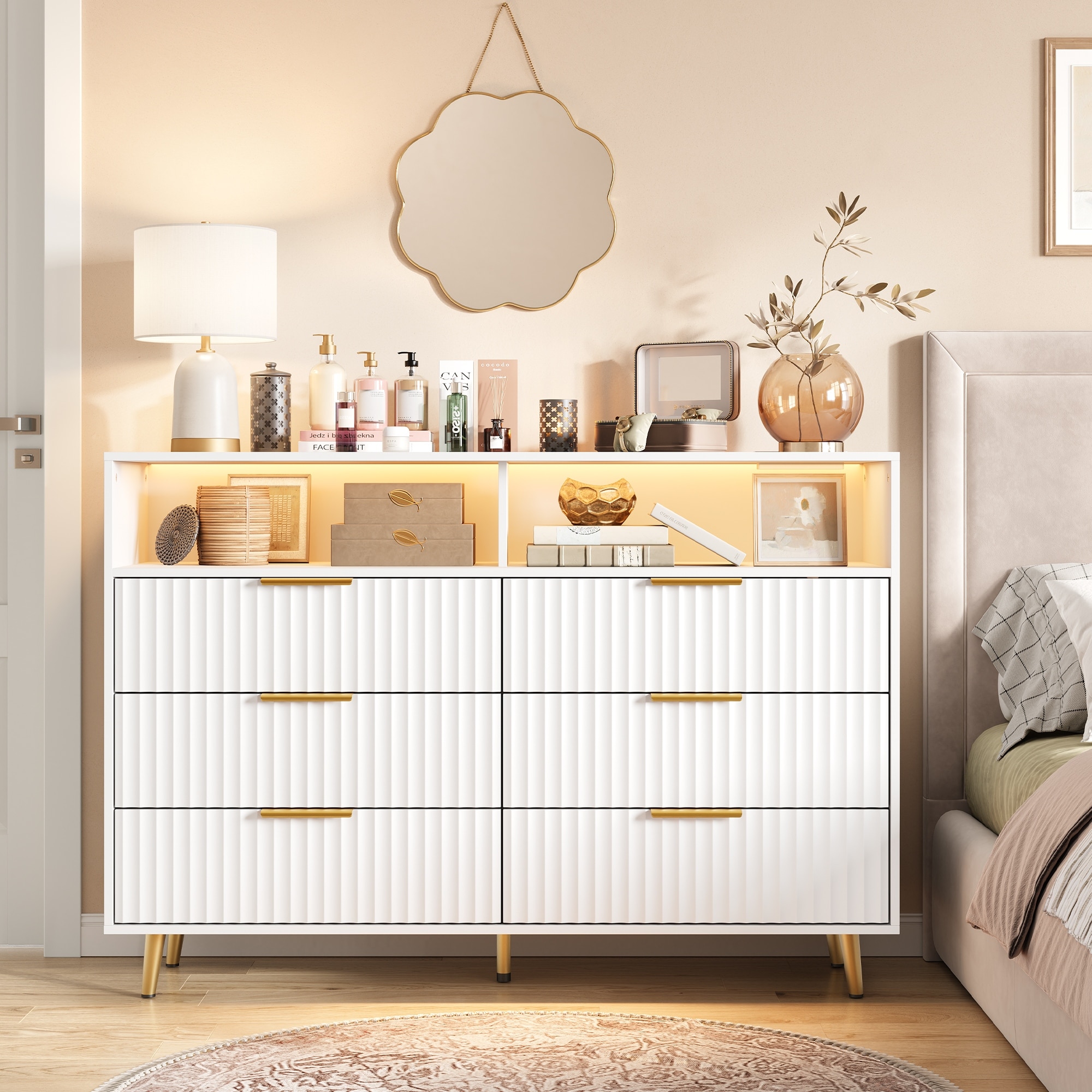 6 Drawer Dresser with LED Lights & Charging Station, Fluted Wood, Gold Handles, Wide Storage Chest