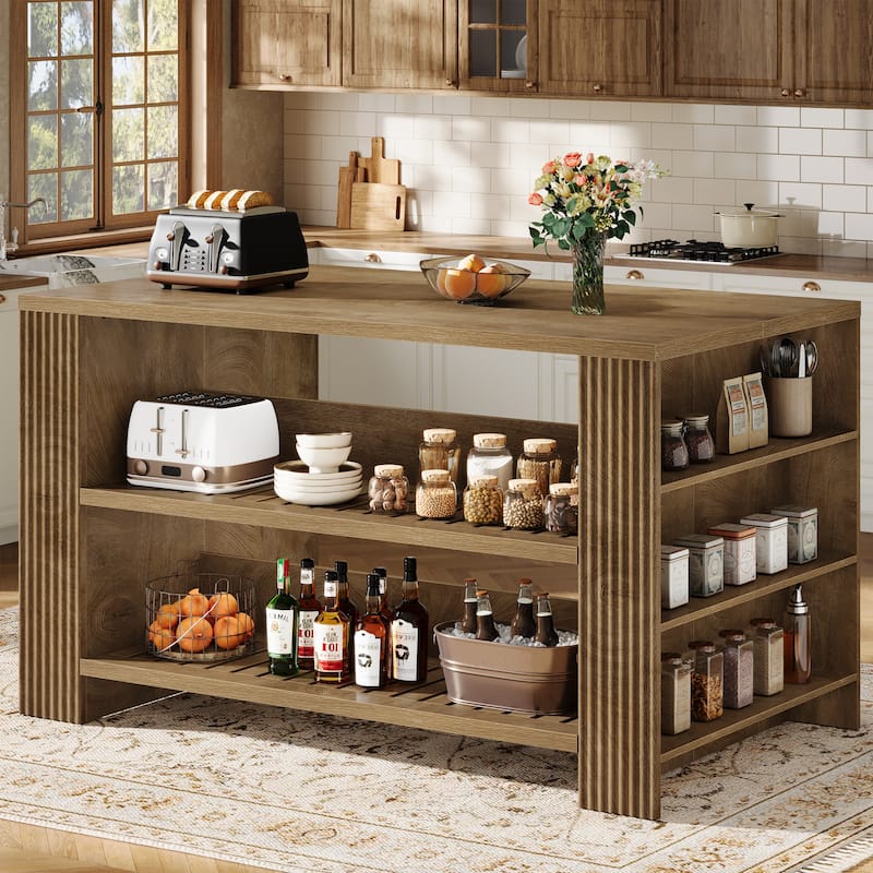59 Inch Stationary Kitchen Island with Open Storage Shelves, Farmhouse Style - 27.55" D x 59.05" W x 35.43" H - Rustic Brown