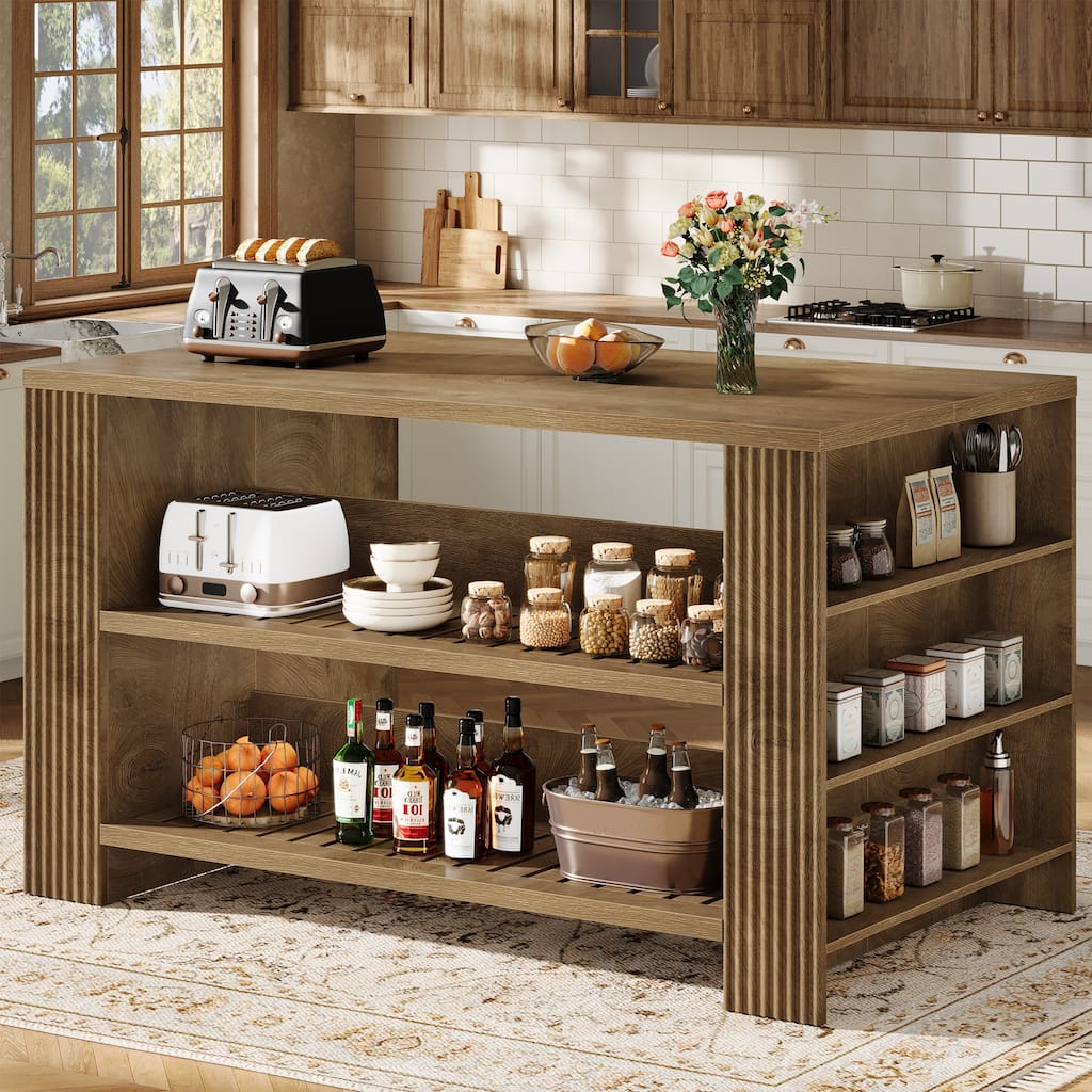 59 Inch Stationary Kitchen Island with Open Storage Shelves, Farmhouse Style - 27.55" D x 59.05" W x 35.43" H
