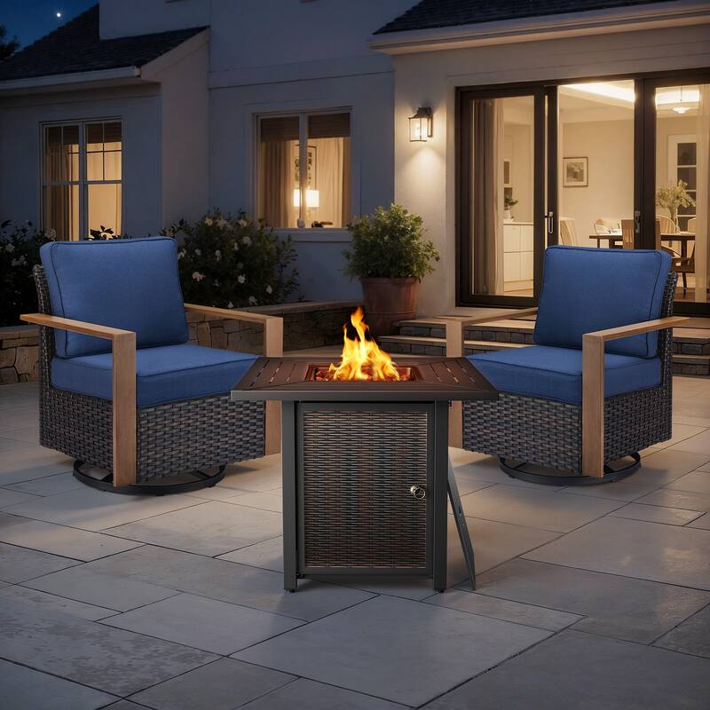 Meyreso 3-Piece Wicker Swivel Glider Metal Fire Pit Set with Plush 4.5" Olefin Cushions - Brown Wicker - Navy Blue Cushions
