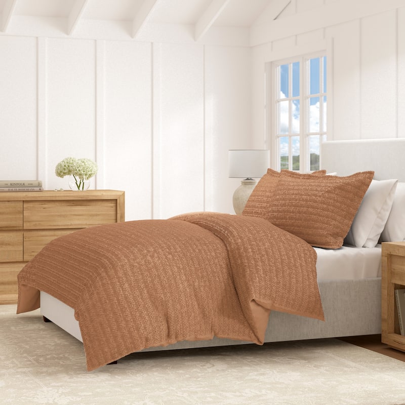 Linery & Co. 100% Cotton Reversible Honeycomb Waffle / Percale Duvet Cover Set - Clay - Queen