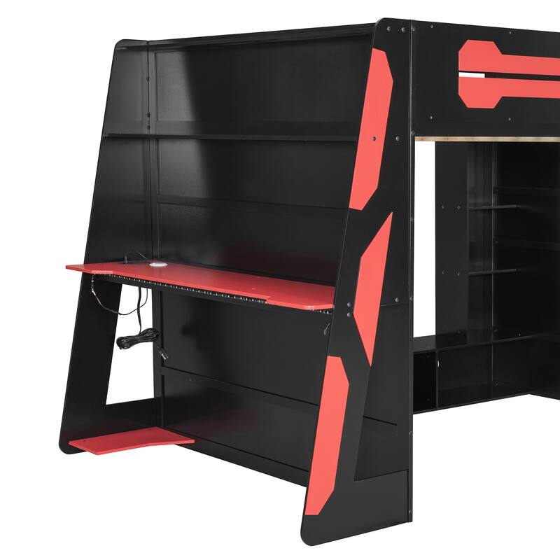 Full Size Esports Gaming Loft Bed Wood Frame Loft Bed with All-in-one Work Play Desk, Bookcase and RGB Ambient Light
