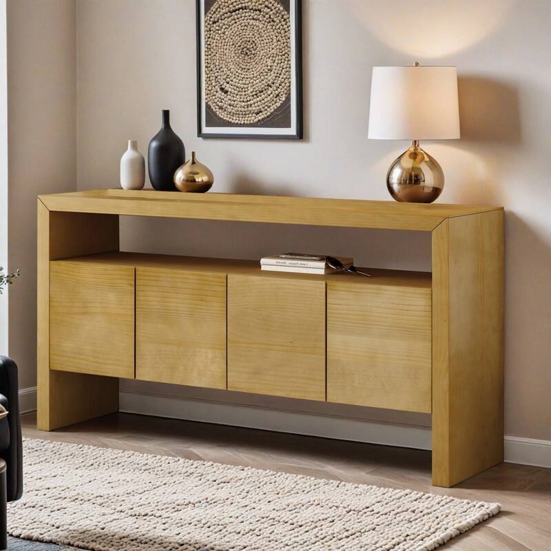 60" 4-Door Sideboard, Modern Minimalist Solid Wood Veneer Sideboard with Open Shelf, Natural Wood Grain - Natural