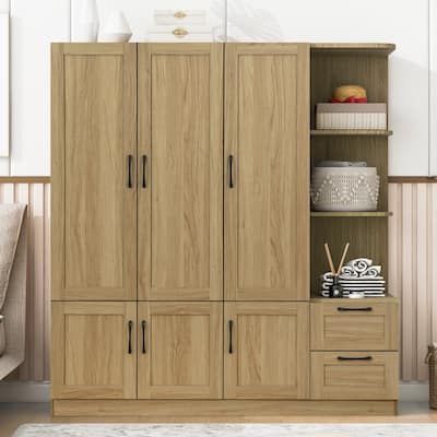 3 Door Wooden Storage Wardrobe for Dedroom, Freestanding Armoires Closet Cabinet with Hanging Rods, Drawers & Side Shelves