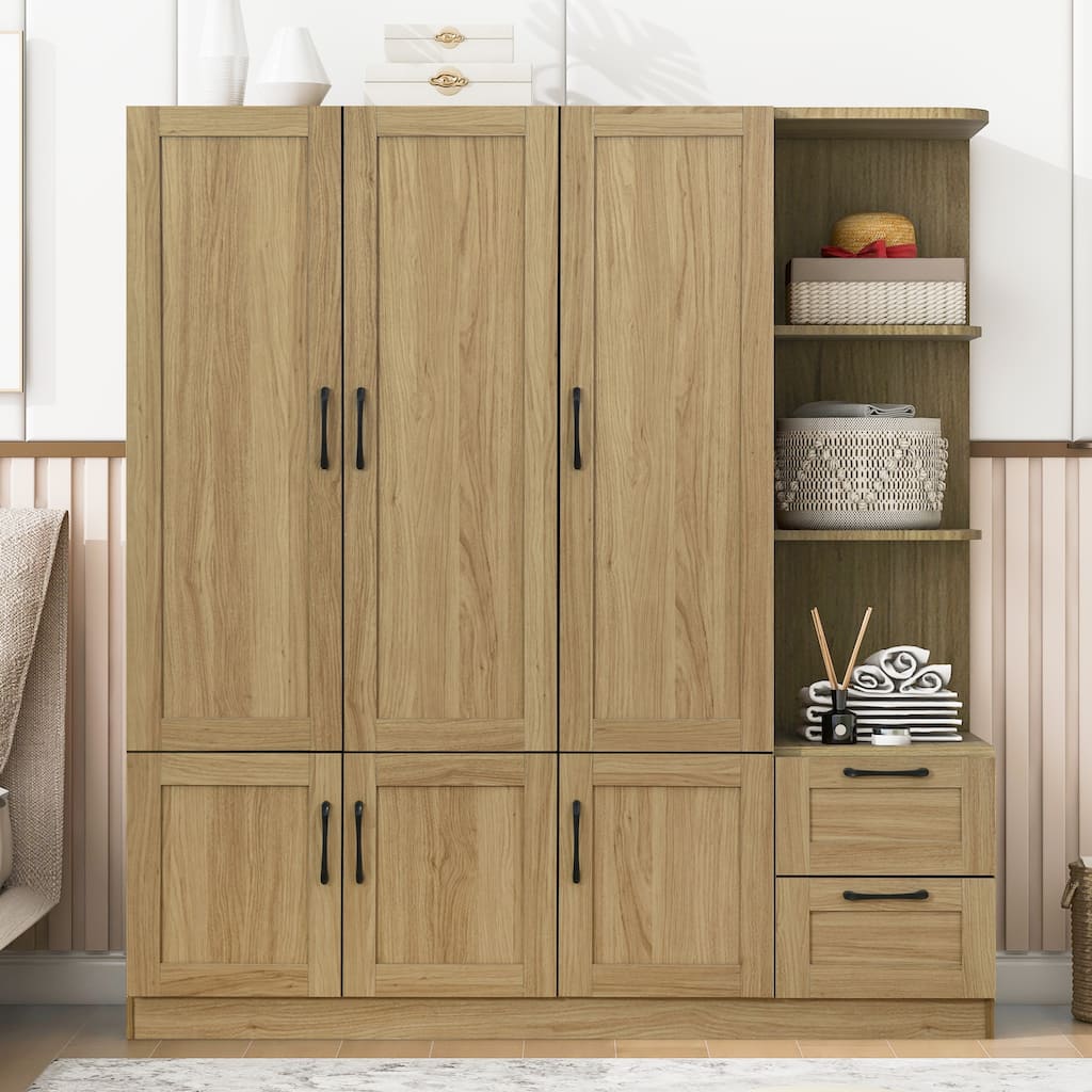 3 Doors Armoire Wardrobe Closet with 3 Side Shelves 2 Drawers, Wooden Bedroom Armoires with Hanging Rod for Bedroom