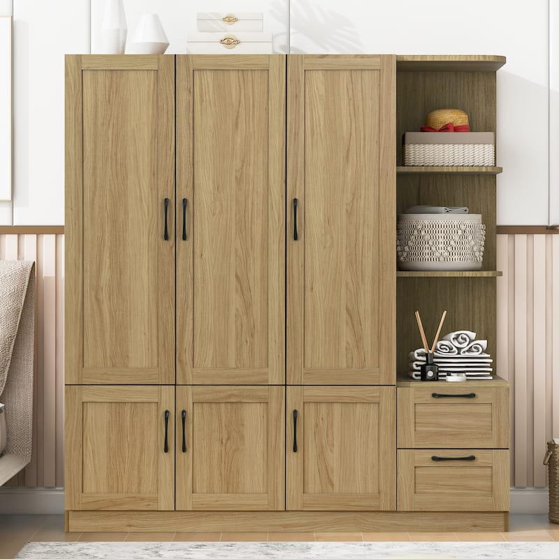 3 Doors Armoire Wardrobe Closet with 3 Side Shelves 2 Drawers, Wooden Bedroom Armoires with Hanging Rod for Bedroom - Natural