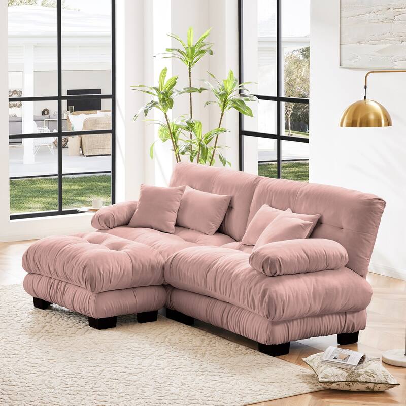 Rossetta Exquisite Stylish Design Chenille Cloud Look Couch Sectional Wide Arm Sofa with Convertible Ottoman and Pillows - Pink