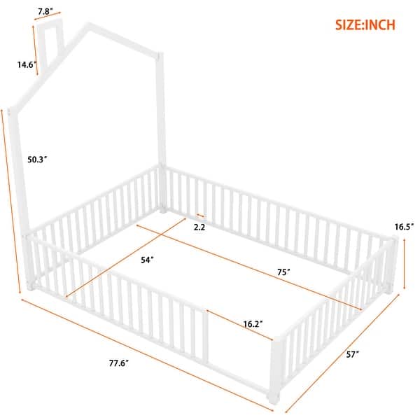 dimension image slide 1 of 2, 2 Color Metal Full Size House Bed with Guardrail,Kids Bed with Headboard