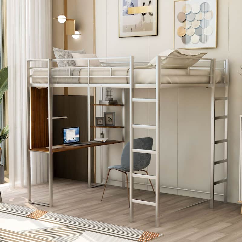 Full Loft Bed with Desk and Shelves for Study and Storage, Metal Frame - Silver - Full