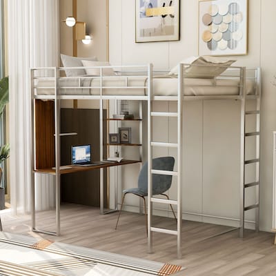 Full Loft Bed with Desk and Shelves for Study and Storage, Metal Frame