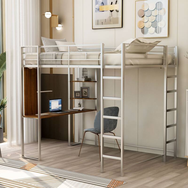 Full Size Metal Loft Bed with Shelves and Desk - Efficient Use of Space and Study Area Integration - Silver