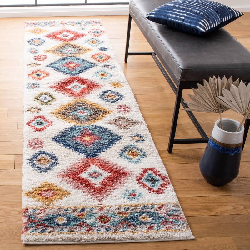 SAFAVIEH Calista Shag Juna Abstract 1-inch Thick Rug - 2'3" x 9' Runner - Ivory/Blue