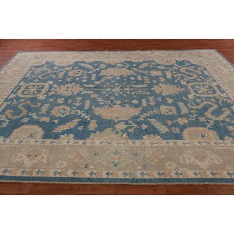 Hand Knotted Oriental 100% Wool Carpet Transitional All-Over Navy Blue & Blues Oushak Area Rug - 12' 0'' X 8' 9''