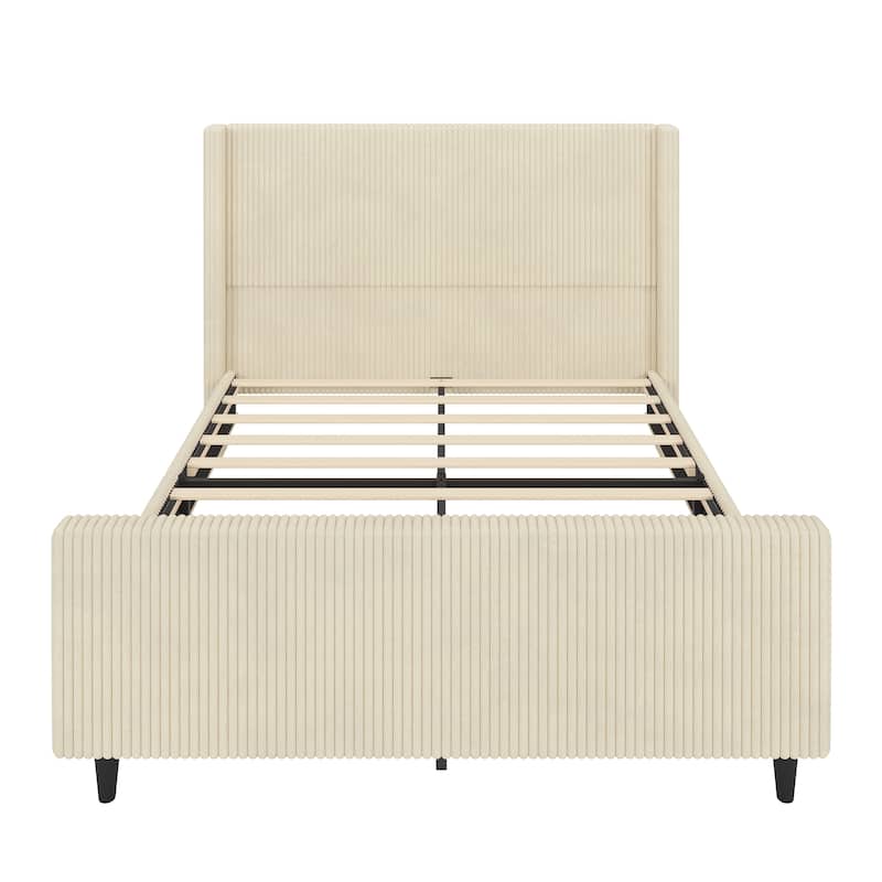 Queen/King Corduroy Bed Frame with 50.7'' Tall Headboard, Upholstered Platform Bed w/Vertical Stripe Wingback & High Footboard