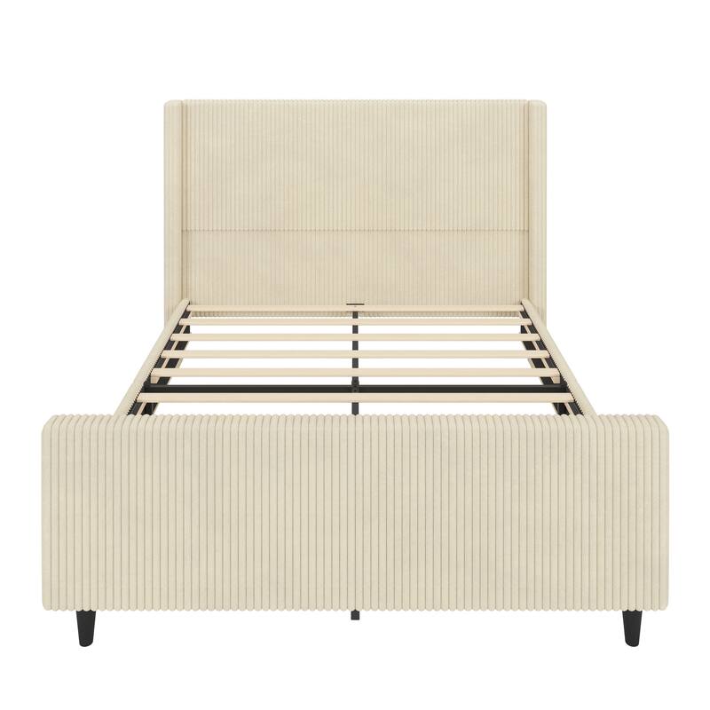 Queen Size Cream Corduroy Upholstered Bed Frame with Wingback Headboard and High Footboard, No Box Spring Needed