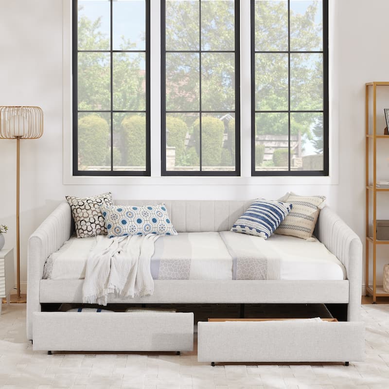 Roomfitters Queen Upholstered Daybed with Trundle and Storage Drawers, Vertical Striped Linen Sofa Bed