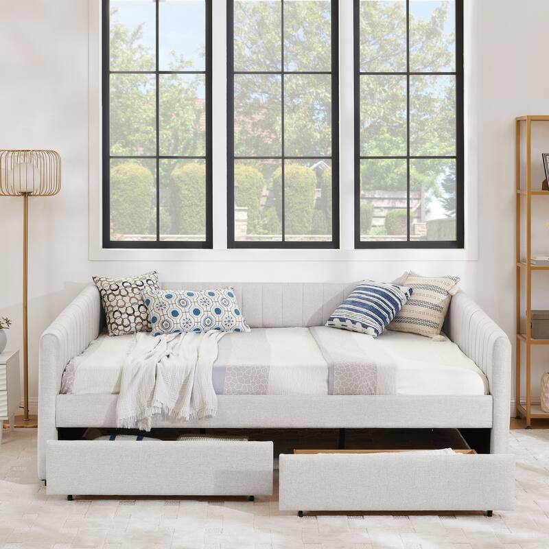Vertical Stripe Linen Upholstered Sofa Bed Frame Queen Size Daybed U-shaped Captain Bed with Storage Drawers and Curved Arms - Beige - Queen