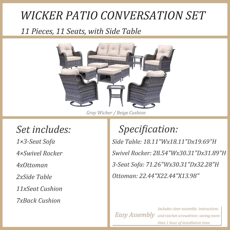 11 Piece Outdoor Wicker Patio Furniture Sofa Set with Swivel Chairs