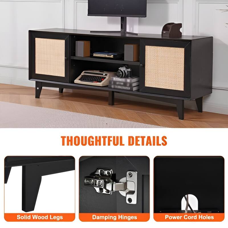 Rattan TV Stand for 75 Inch TV Mid Century Modern Cabinet with Storage - 17.4x17.4x13.8in