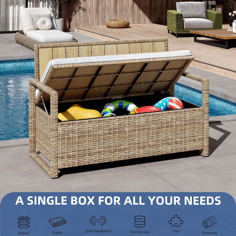 Moasis 70 Gallon Outdoor Storage Bench Weather-Resistant Woven Rattan Deck Box with Loveseat and Cushions