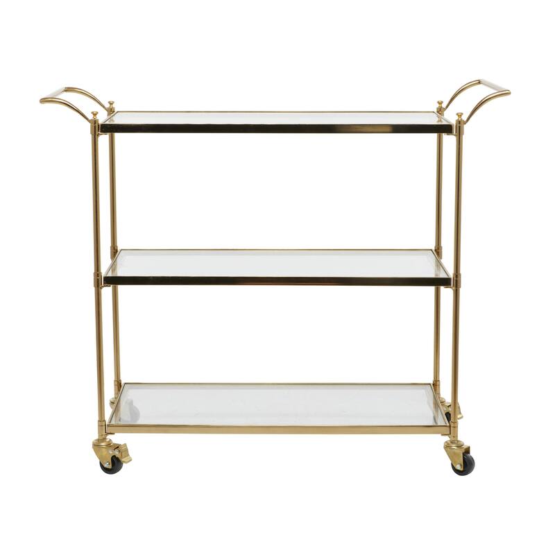 Brass Metal Rolling 3 Glass Shelves Bar Cart with Lockable Wheels
