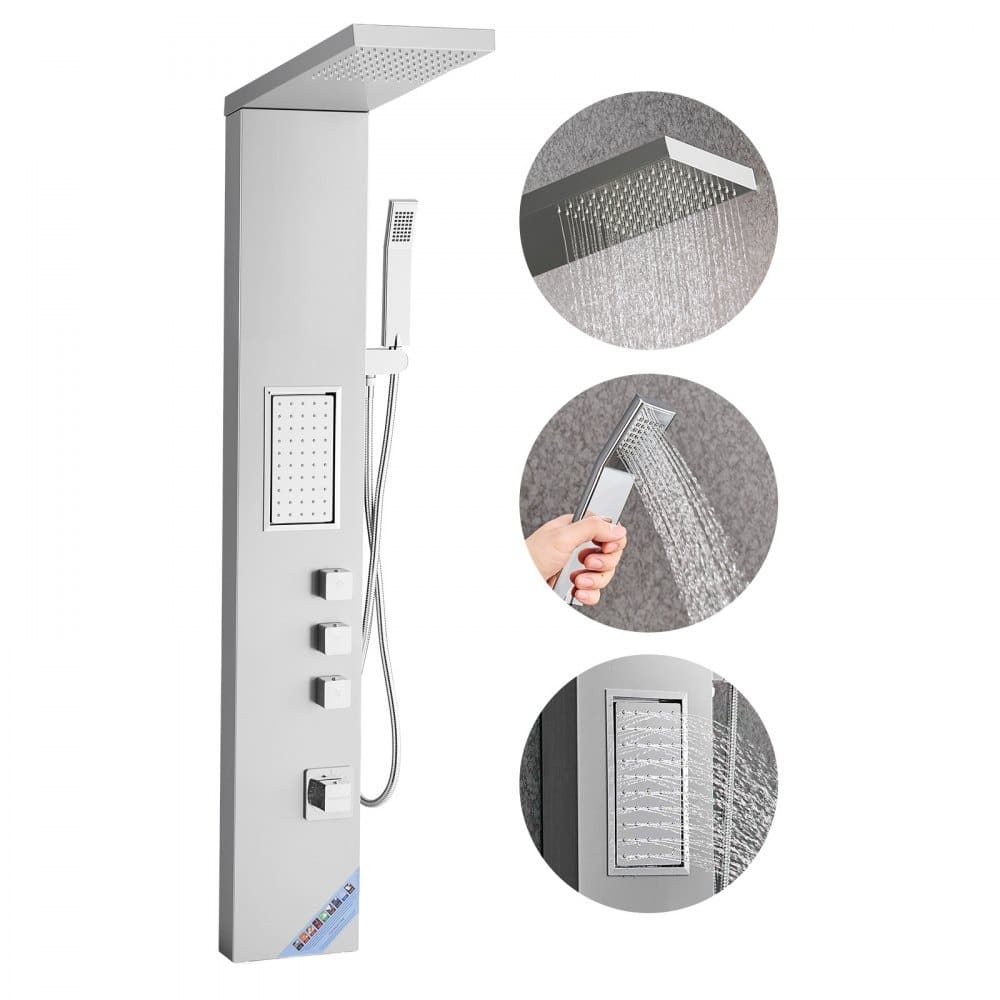 Silver Stainless Steel 3-in-1 Shower Panel with Rainfall, Massage and Handheld - 53.0x 7.9x 18.1 inch
