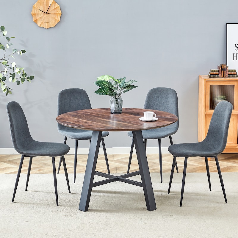 42" Round Dining Table Set for 4, 5-Piece Modern Dining Room Table with 4 Linen Chairs, Small Space Circle Dining Furniture