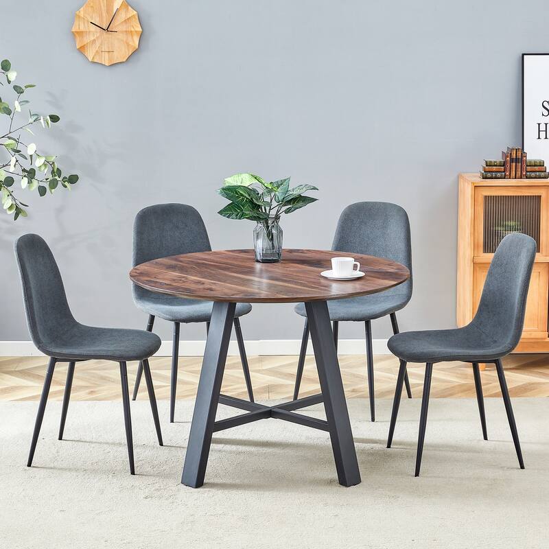 5-Piece Dining Table Set, Round Kitchen Table Set with Black Metal Legs and 4 Linen Fabric Chairs for Dining Room