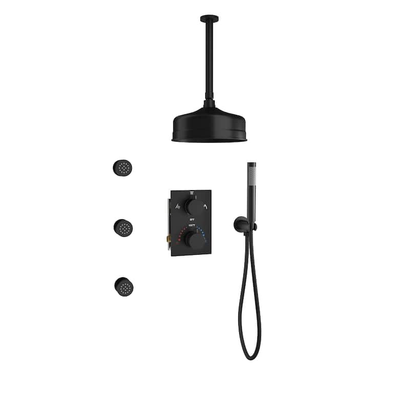 Thermostatic 3-Spray 8 in. Ceiling Mount Fixed and Handheld Dual Shower Head 2.5 GPM with 3-Body Jet - Matte Black