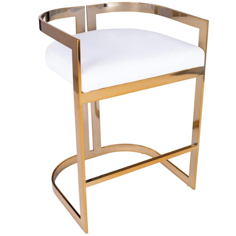 Gold Iron Counter Height Bar Stool with Arms and Faux Leather Seat - 19.5” x 19.75” x 28” (D x W x H)