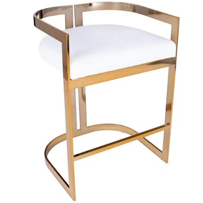 Gold Iron Counter Height Bar Stool with Arms and Faux Leather Seat - 19.5” x 19.75” x 28” (D x W x H)
