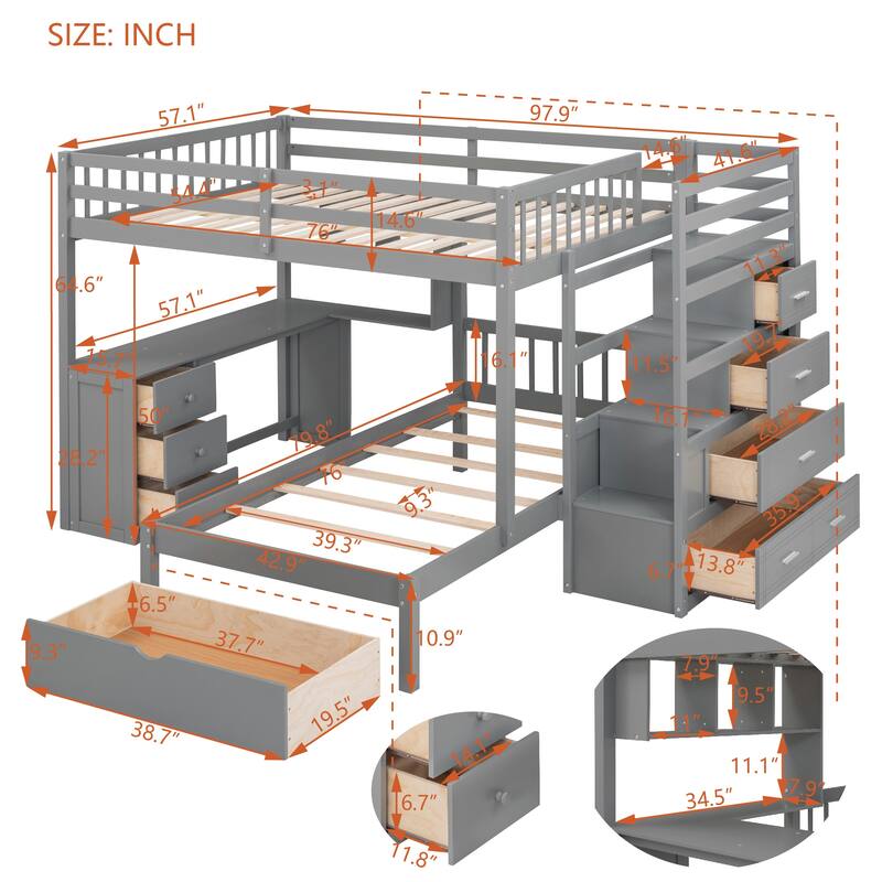 Full Over Twin Bunk Bed with Desk, Multiple Storage Drawers and Bookshelves, Bedroom L-Shaped Wood Platform Bed Frame