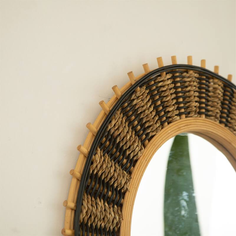 23" Round Bamboo Wall Mirror with Light Yellow & Black Hemp Rope
