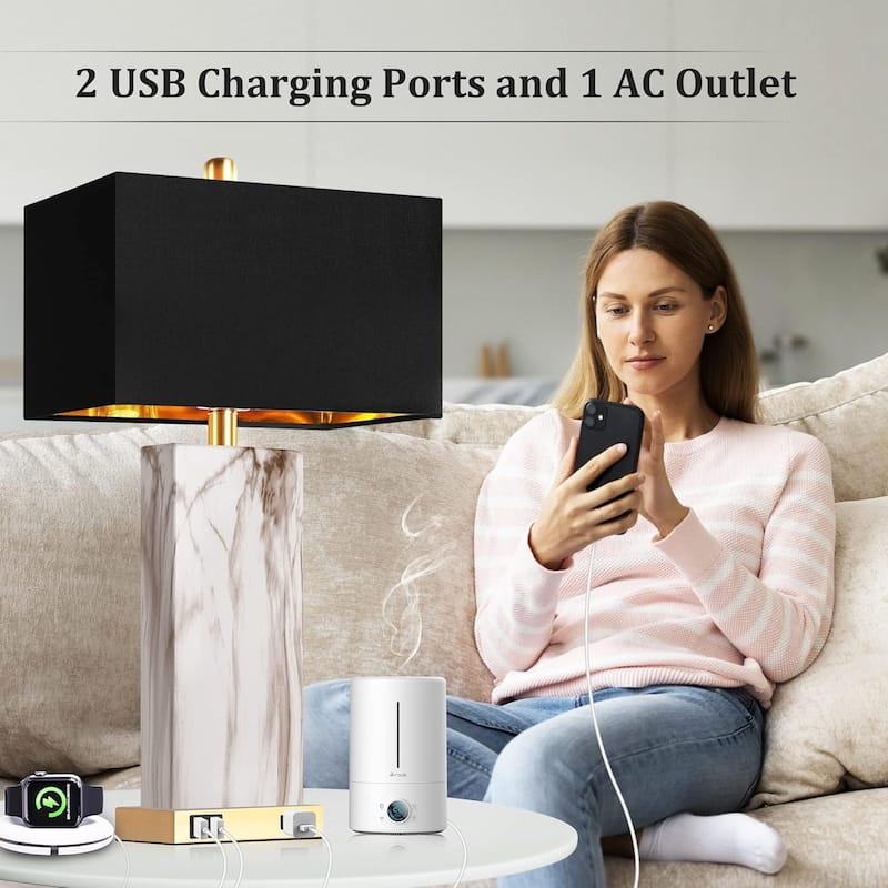 Touch Control Table Lamps Set of 2, Bedside Lamp with 2 USB Ports 1 AC Outlet, 3-Way Dimmable Lamp Shade for Living Room