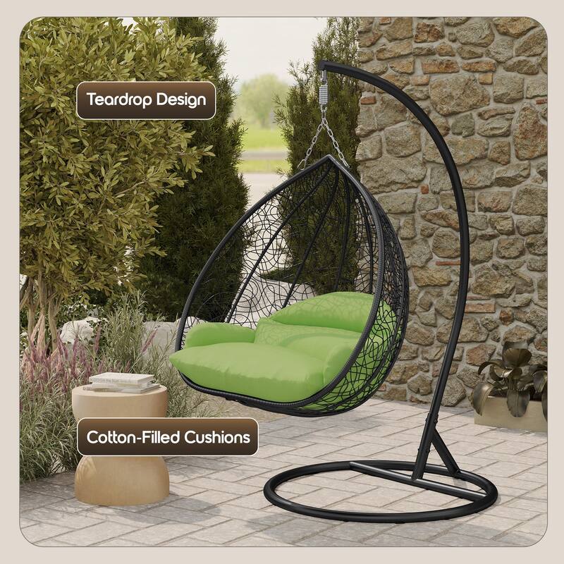 2-Person Outdoor Hanging Egg Chair with Teardrop Frame, Weather-Resistant Cotton Cushioned Seat for Patio and Indoor Use