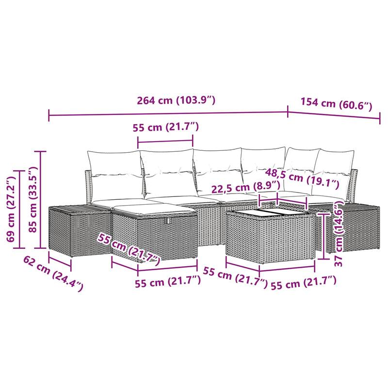 vidaXL 6/7 Garden Sofa Set with Cushions Black/Brown/Grey Poly Rattan - 103.9 x 60.6 x 27.2