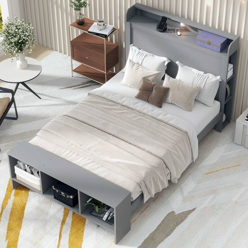 Full Size Platform Bed with built-in shelves, LED Light and USB ports