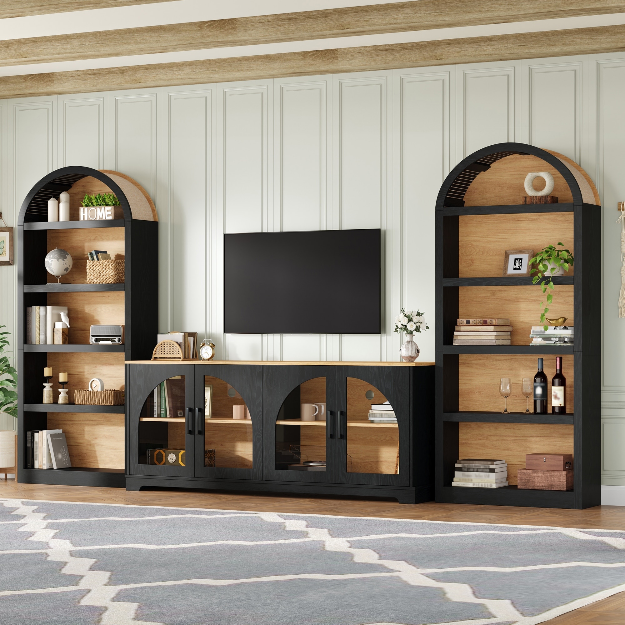 3-Piece TV Stand Set with Bookshelf for TVs Up to 70", Wood Grain Entertainment Center with Arched Design, Tempered Glass Doors