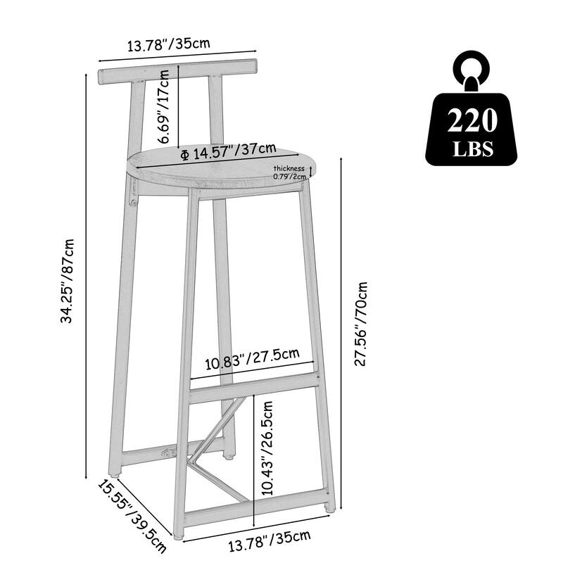 Set of 3 Kitchen Island Bar Chairs Metal Counter Barstools with Backrest for Dining Pub Room