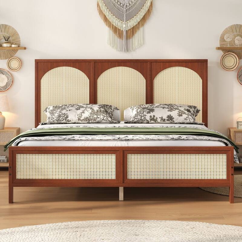 Rattan Low Profile Bed Wood Platform Bed Frame with Rattan Headboard and Footboard, Wood Slat Support, No Box Spring Needed