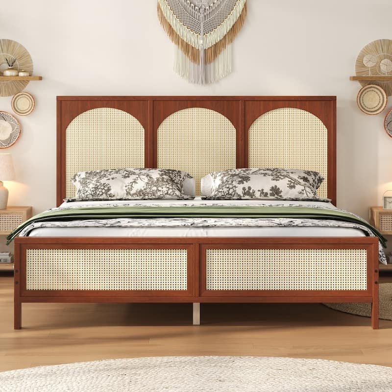 Wood Platform Bed Frame with Rattan Decorations Headboard & Footboard, Slat Support System, No Box Spring Needed, Easy Assembly - Walnut - Queen