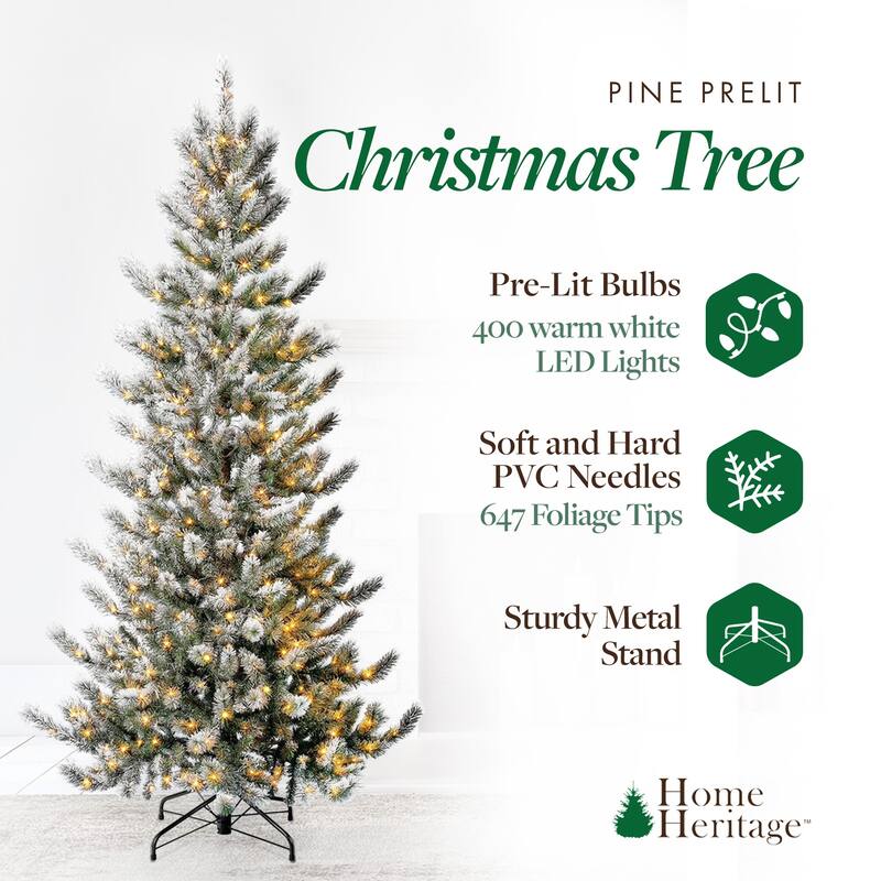 Home Heritage Natural Pine 7' Flocked 400 LED Pre-Lit Artificial Christmas Tree - 21.76