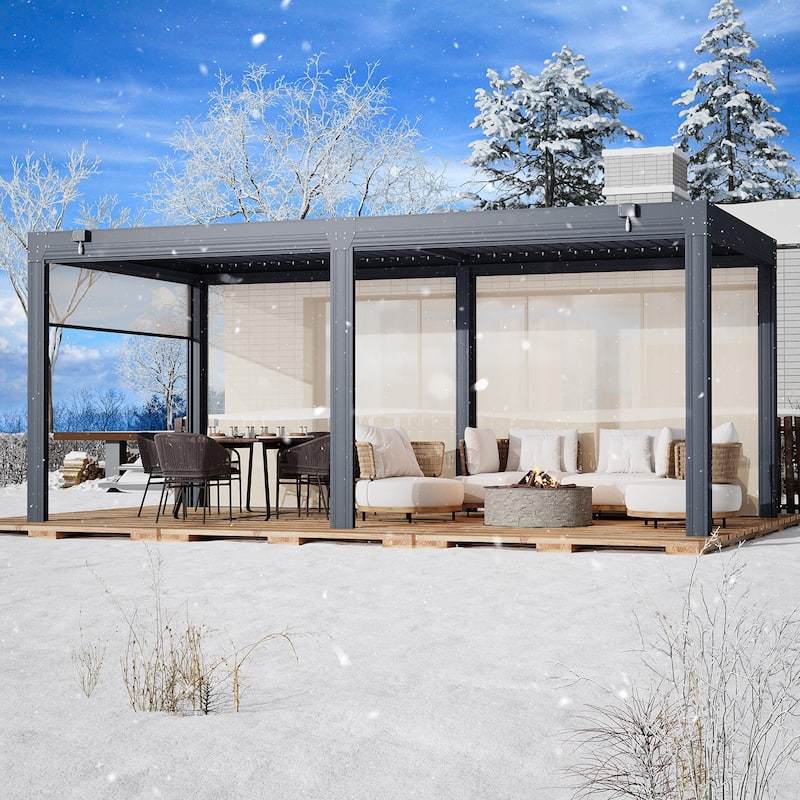 Erommy Outdoor Louvered Pergola Gazebo with Adjustable Aluminum Rainproof Roof and Pull-Down Screen