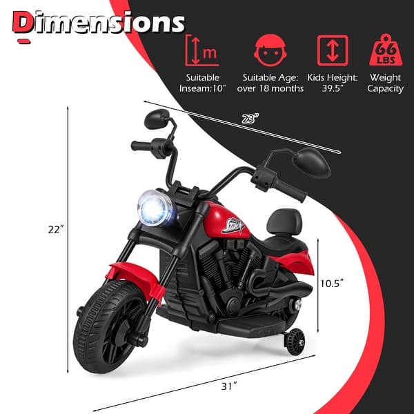 dimension image slide 2 of 4, Gymax Kids Motorcycle w/Headlight Music Training Wheels Foot Pedal for