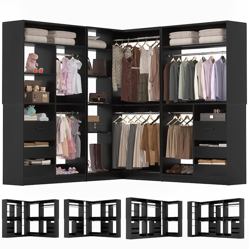Qvella 72"-108" Closet System with Drawers and Hanging Rods,Freestanding Walk-in Closet Organizer System Wardrobe Closet Tower