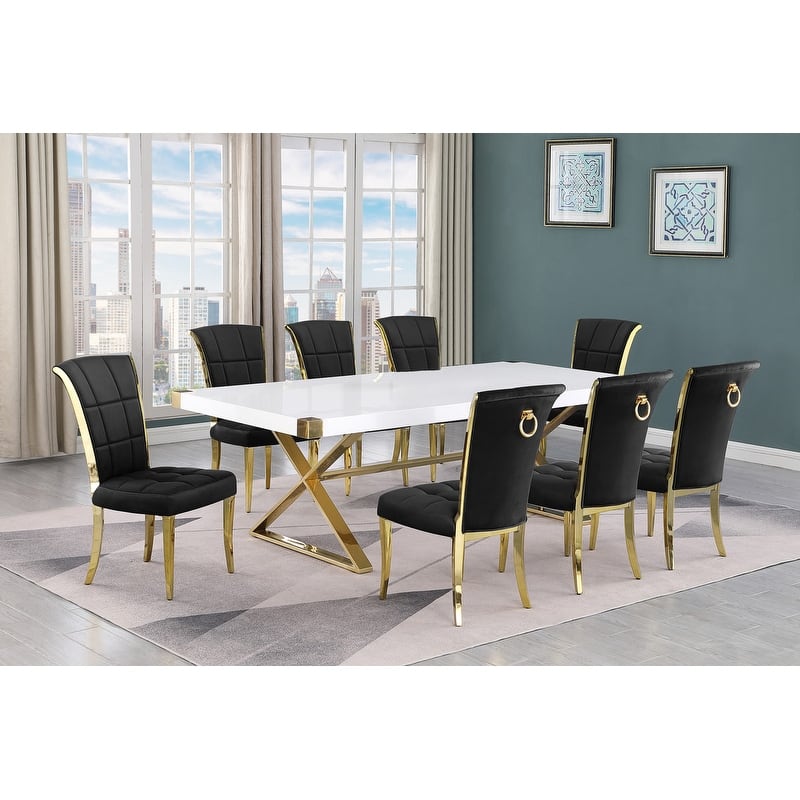 Best Quality Furniture D442/3-SC320-7 Dining Set with 94" White Lacquer Wood Top - 9-Piece - Black / Gold