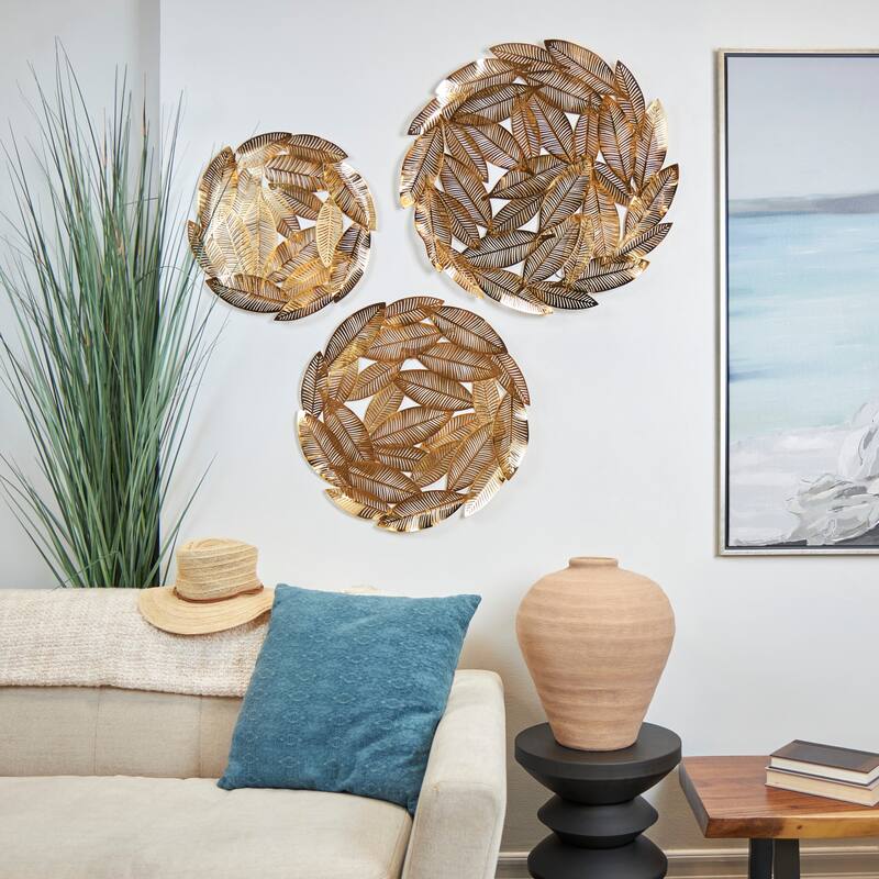 Gold Metal Abstract Round Disk Leaf Home Wall Decor (Set of 3) - Gold
