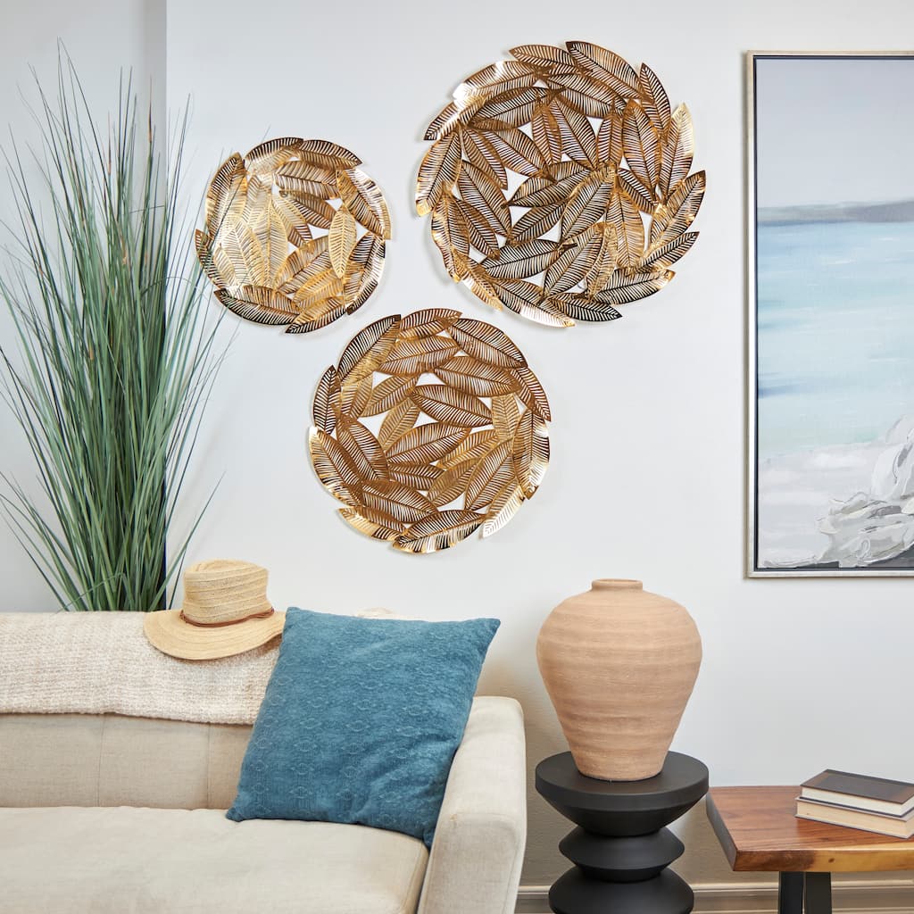 Gold Metal Abstract Round Disk Leaf Home Wall Decor (Set of 3)