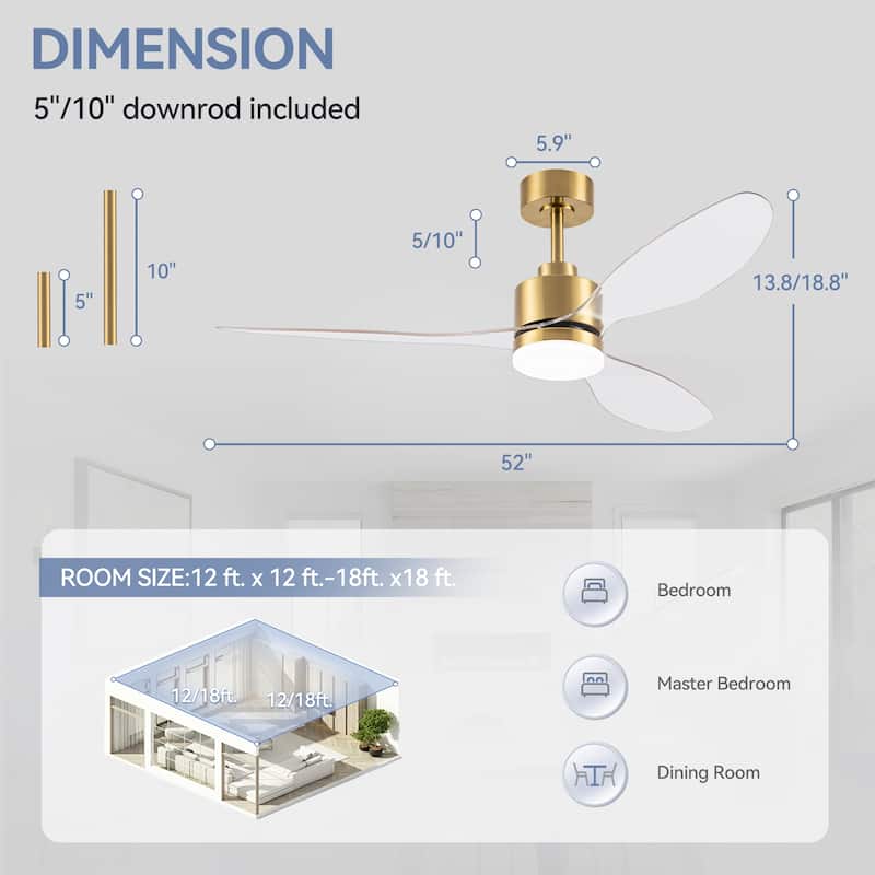 52"/42" Black/Gold LED Ceiling Fan with Lights Remote(3-Blade)